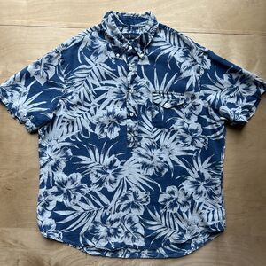 Polo Ralph Lauren Linen Shirt XL Blue Hawaiian Floral Summer Glam Loungewear